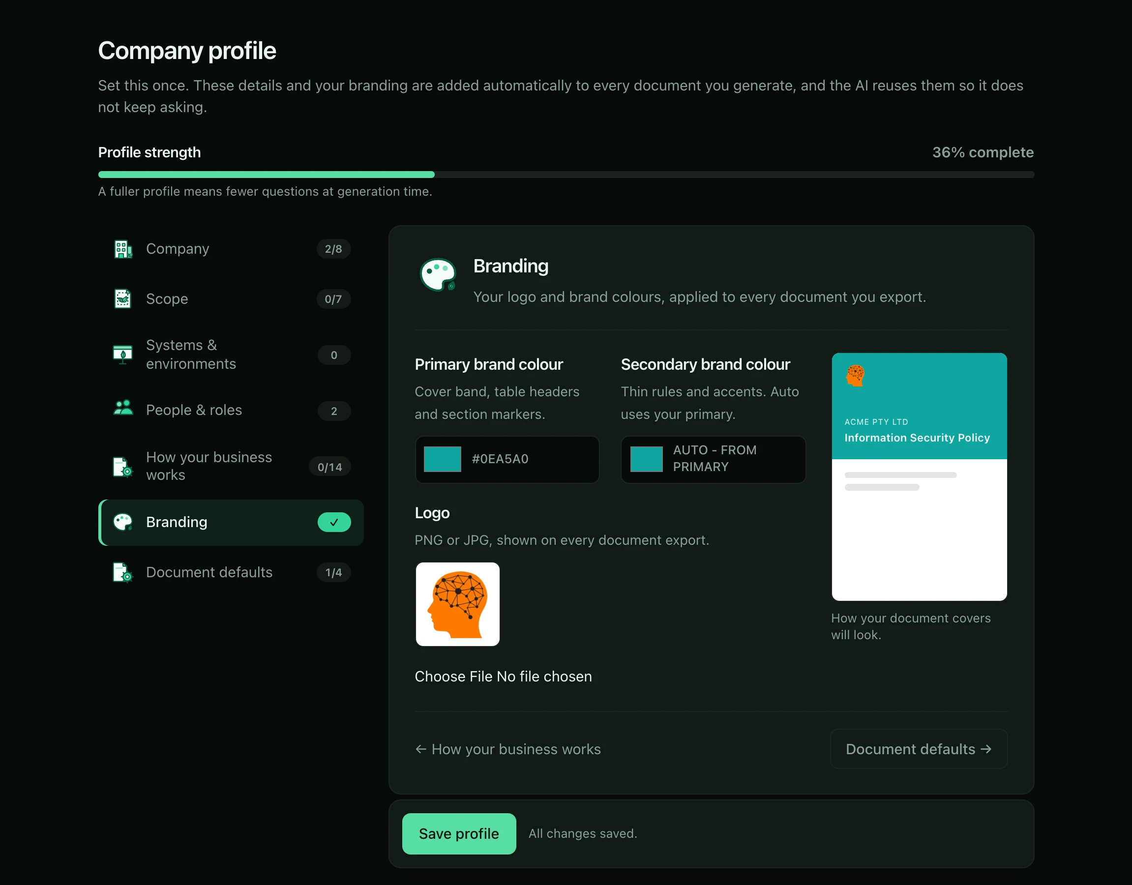 PolicyMint company profile branding screen with colour, logo and document cover preview.