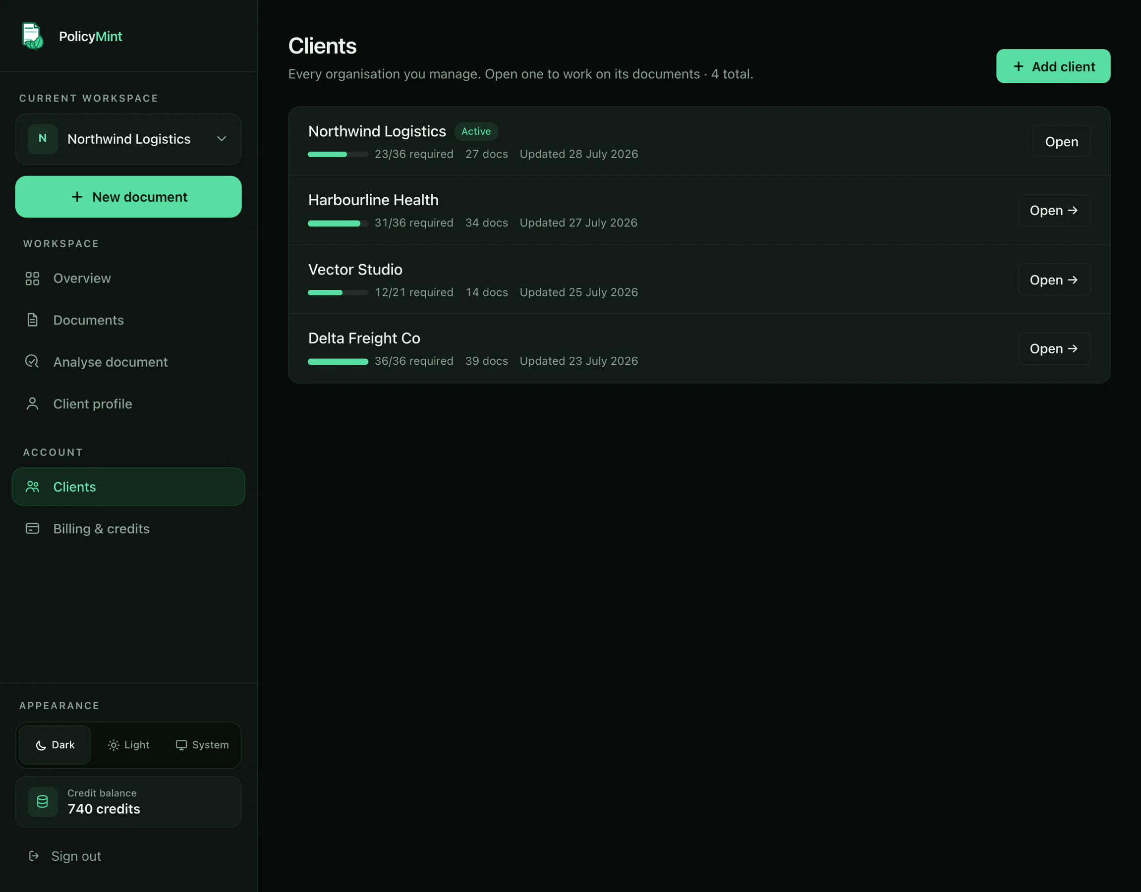 PolicyMint's Clients page showing several fictional organisations, document progress, the active client, and controls to add or open a client.