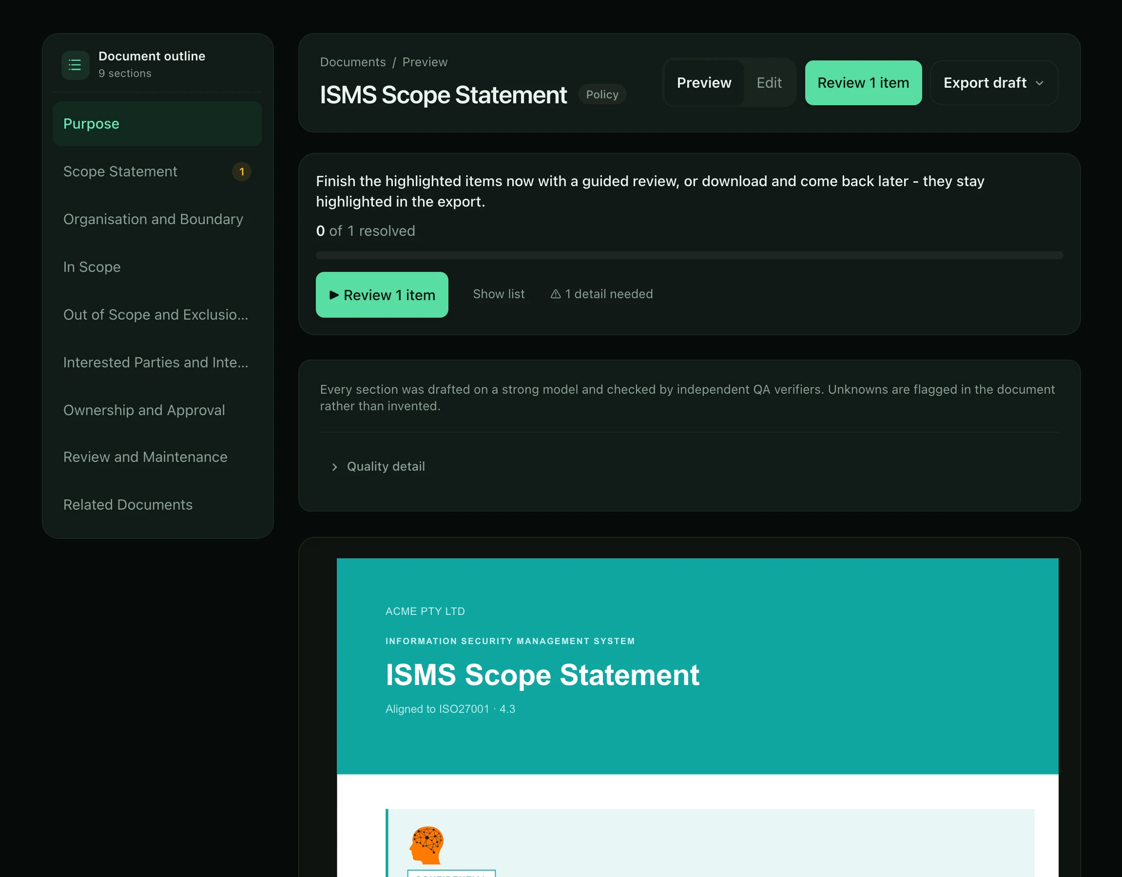 The real PolicyMint document workspace showing a branded ISO 27001 document instead of a monitoring dashboard.
