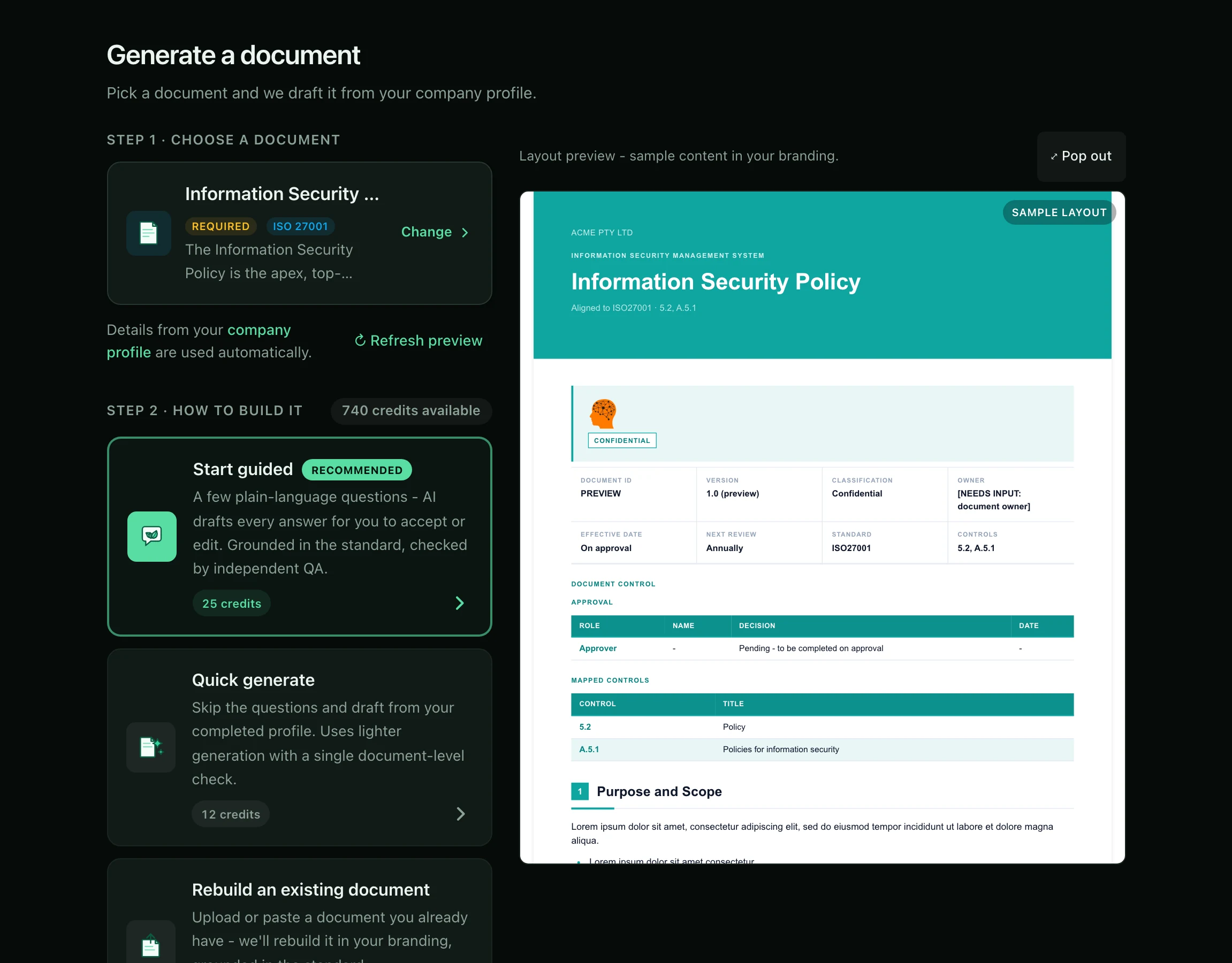 PolicyMint document generation screen showing a selected information security policy, build options and a branded preview.