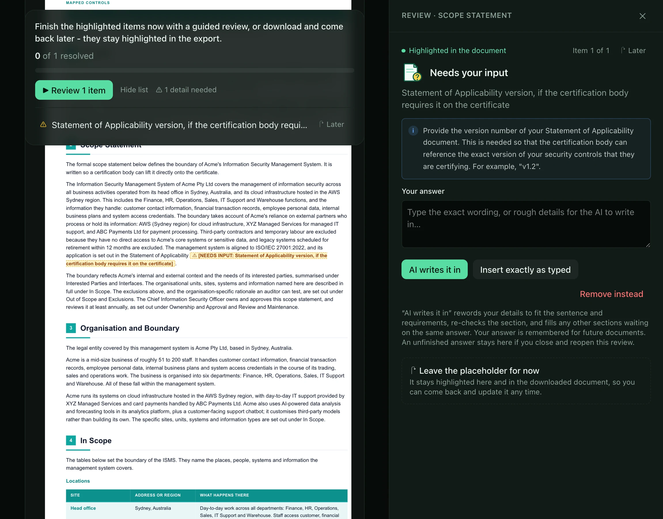 PolicyMint guided review beside an information security document, explaining one highlighted business detail to resolve.