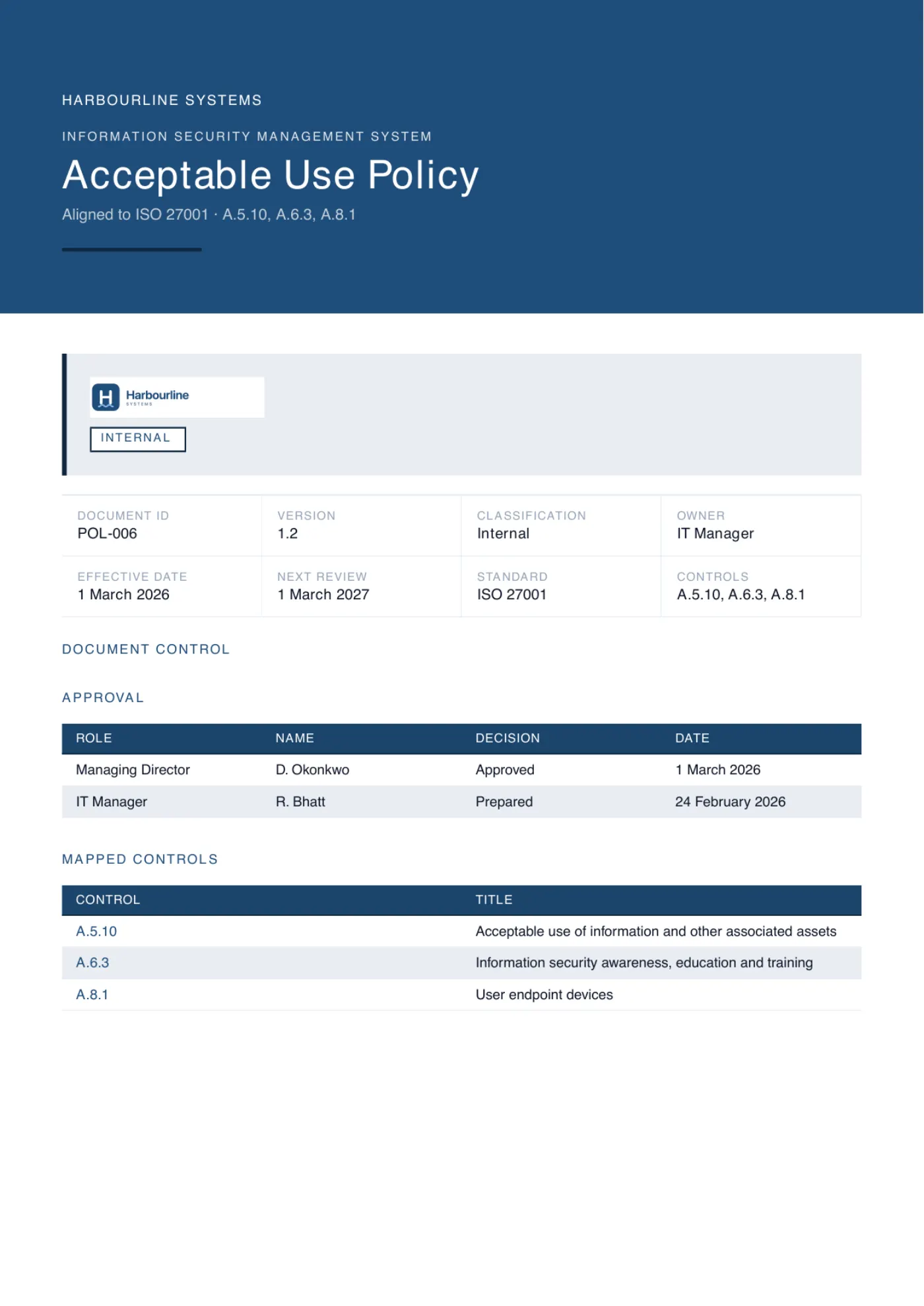 The cover page of a generated acceptable use policy, branded for an example company, showing its document control block, approval table and the ISO controls it maps to.