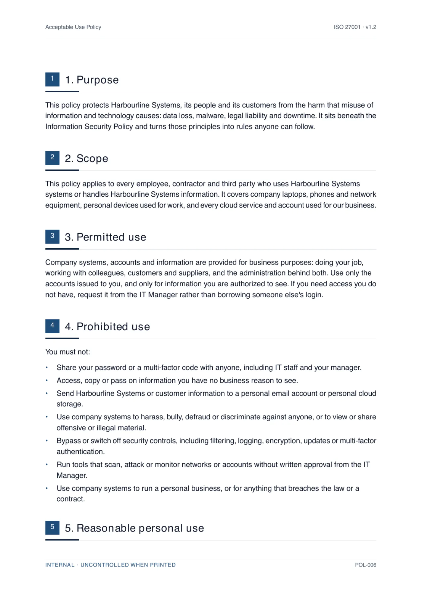 A body page of a generated acceptable use policy, showing numbered clauses written for a specific business with the placeholders resolved.