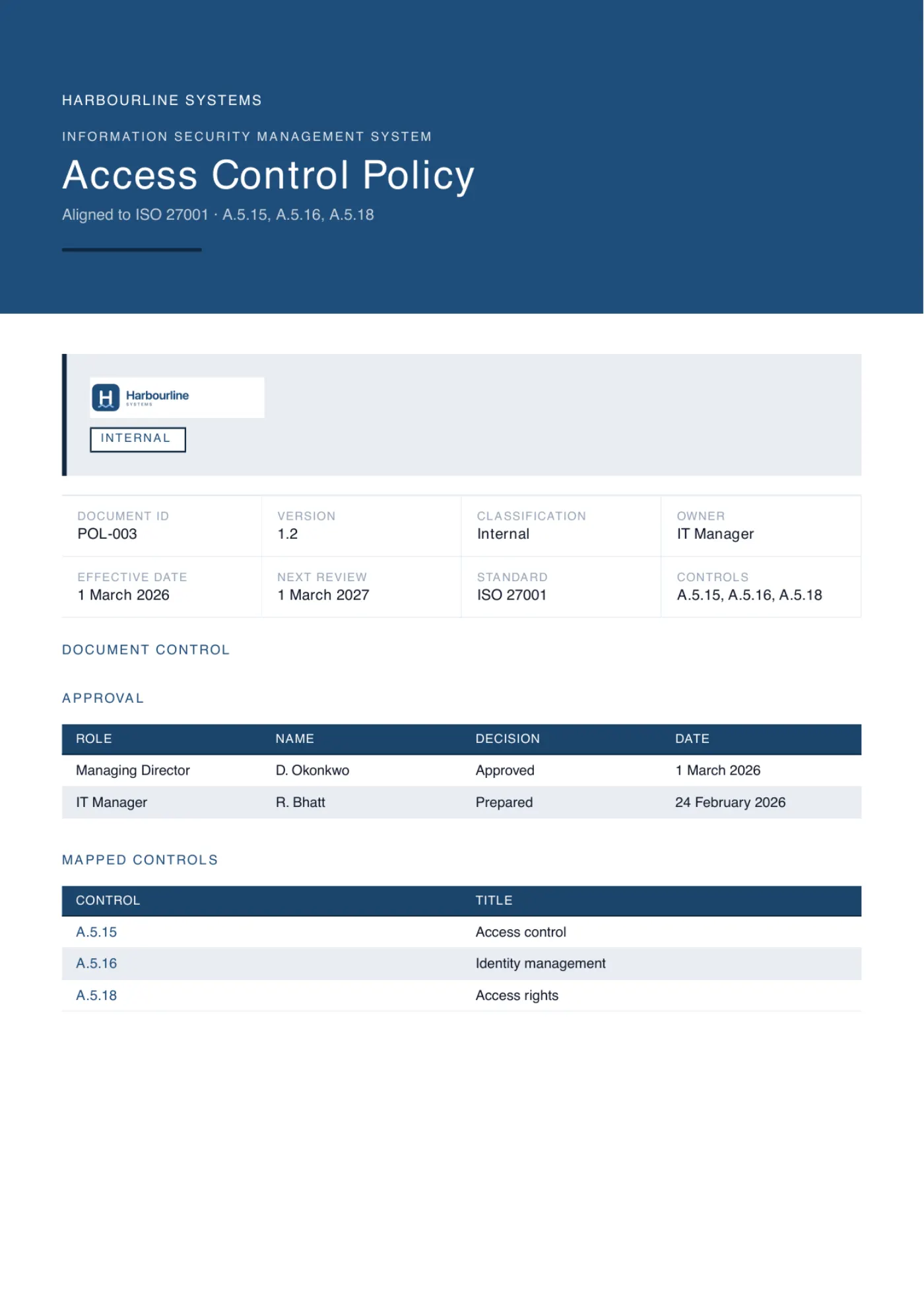 The cover page of a generated access control policy, branded for an example company, showing its document control block, approval table and the ISO controls it maps to.