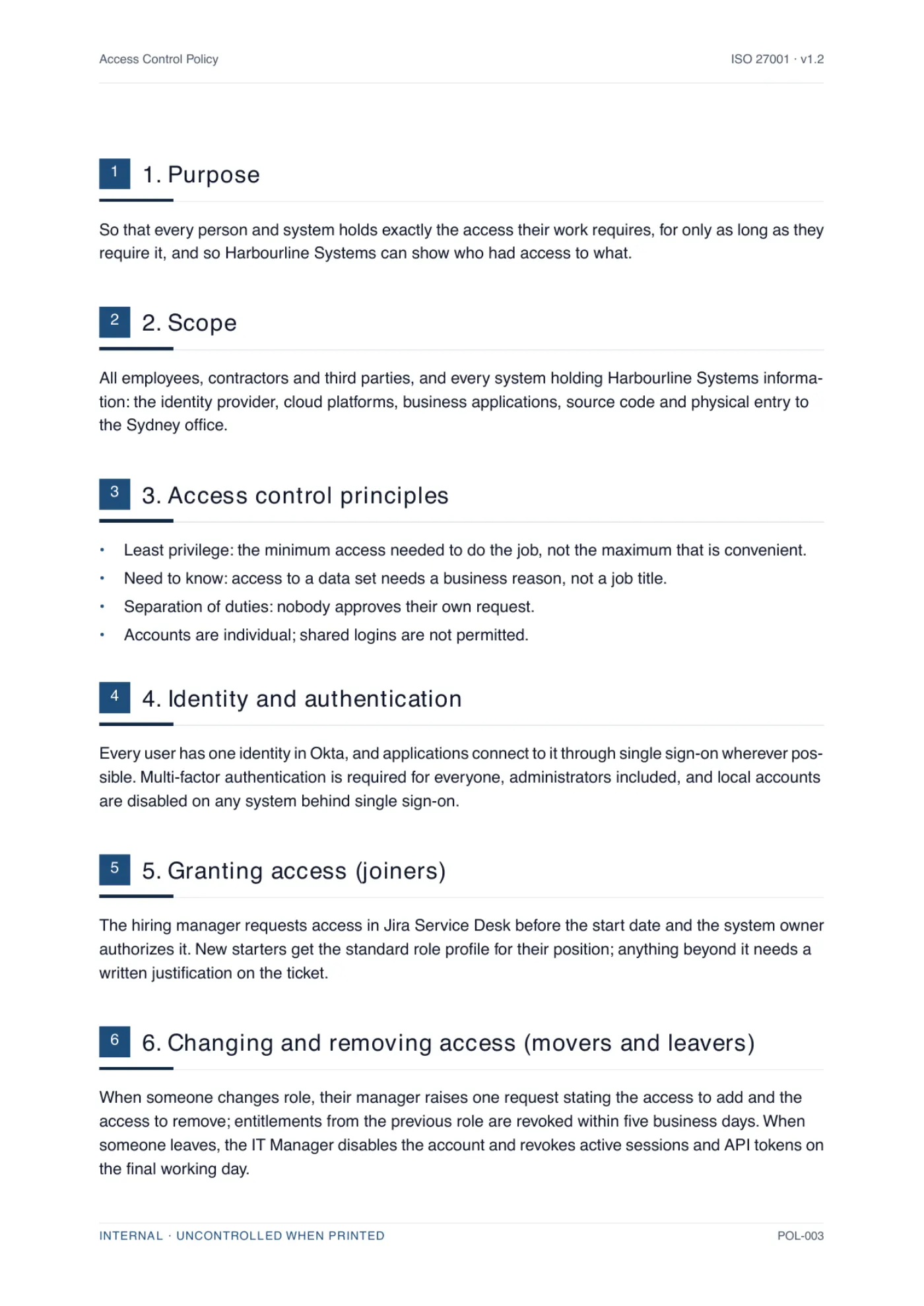 A body page of a generated access control policy, showing numbered clauses written for a specific business with the placeholders resolved.
