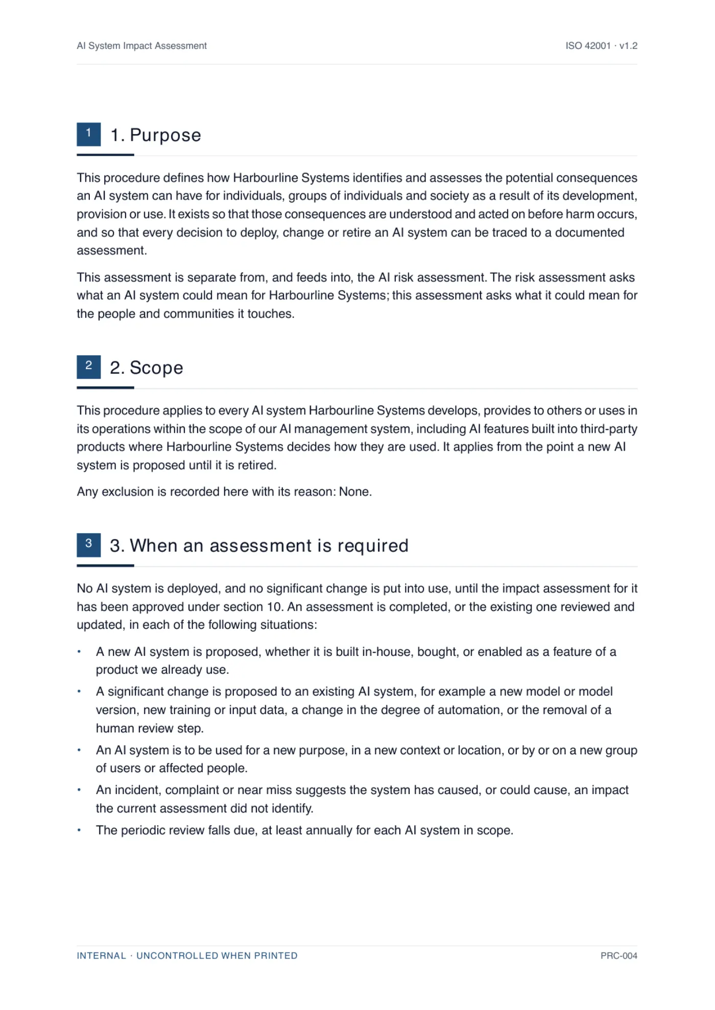A body page of a generated AI impact assessment procedure, showing numbered clauses written for a specific business with the placeholders resolved.