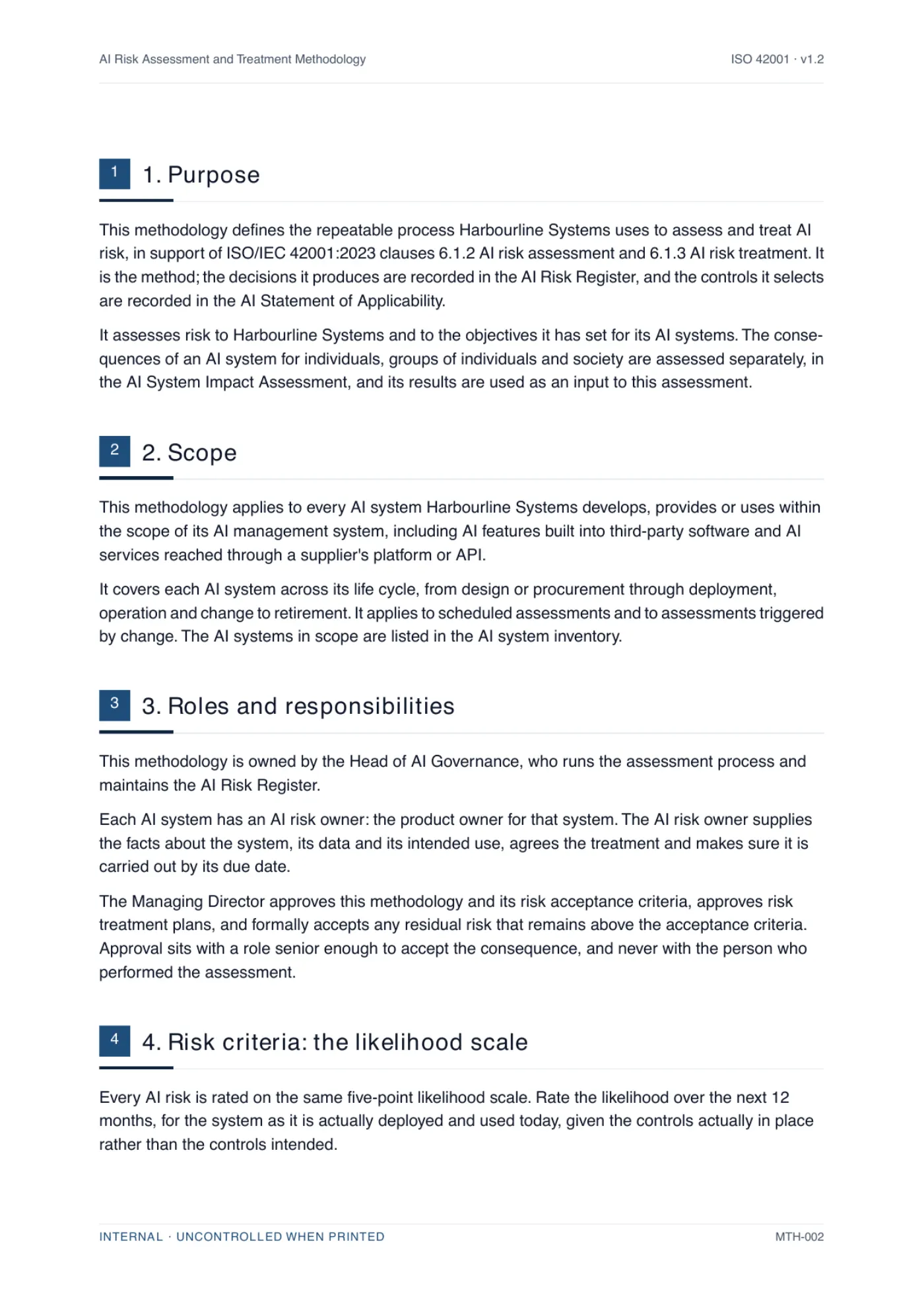 A body page of a generated AI risk assessment methodology, showing numbered clauses written for a specific business with the placeholders resolved.