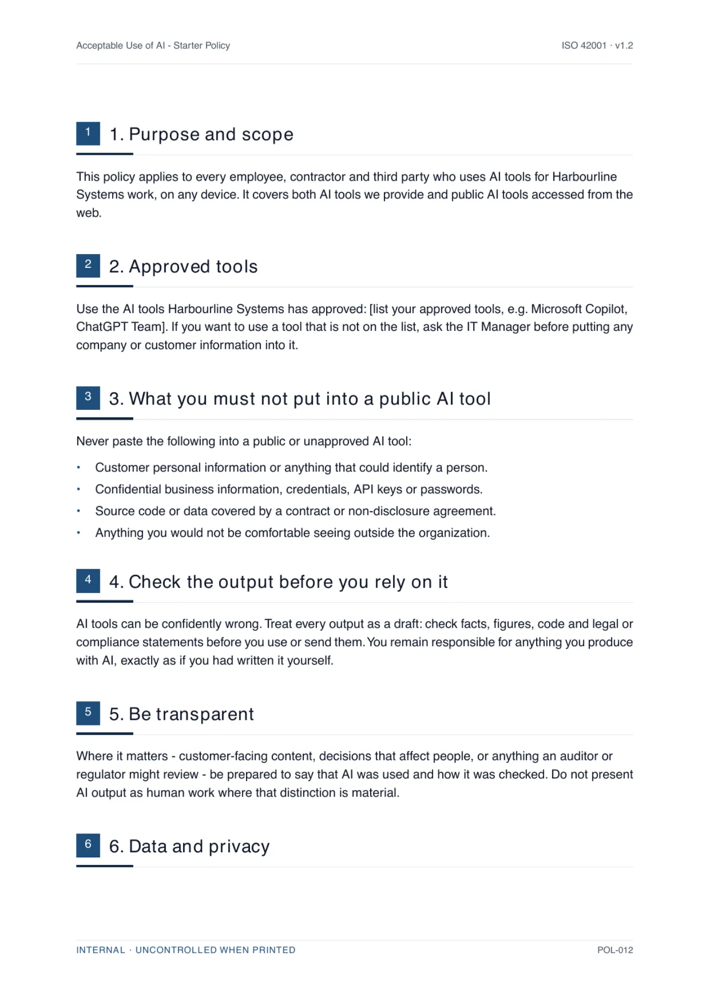 A body page of a generated AI use policy, showing numbered clauses written for a specific business with the placeholders resolved.