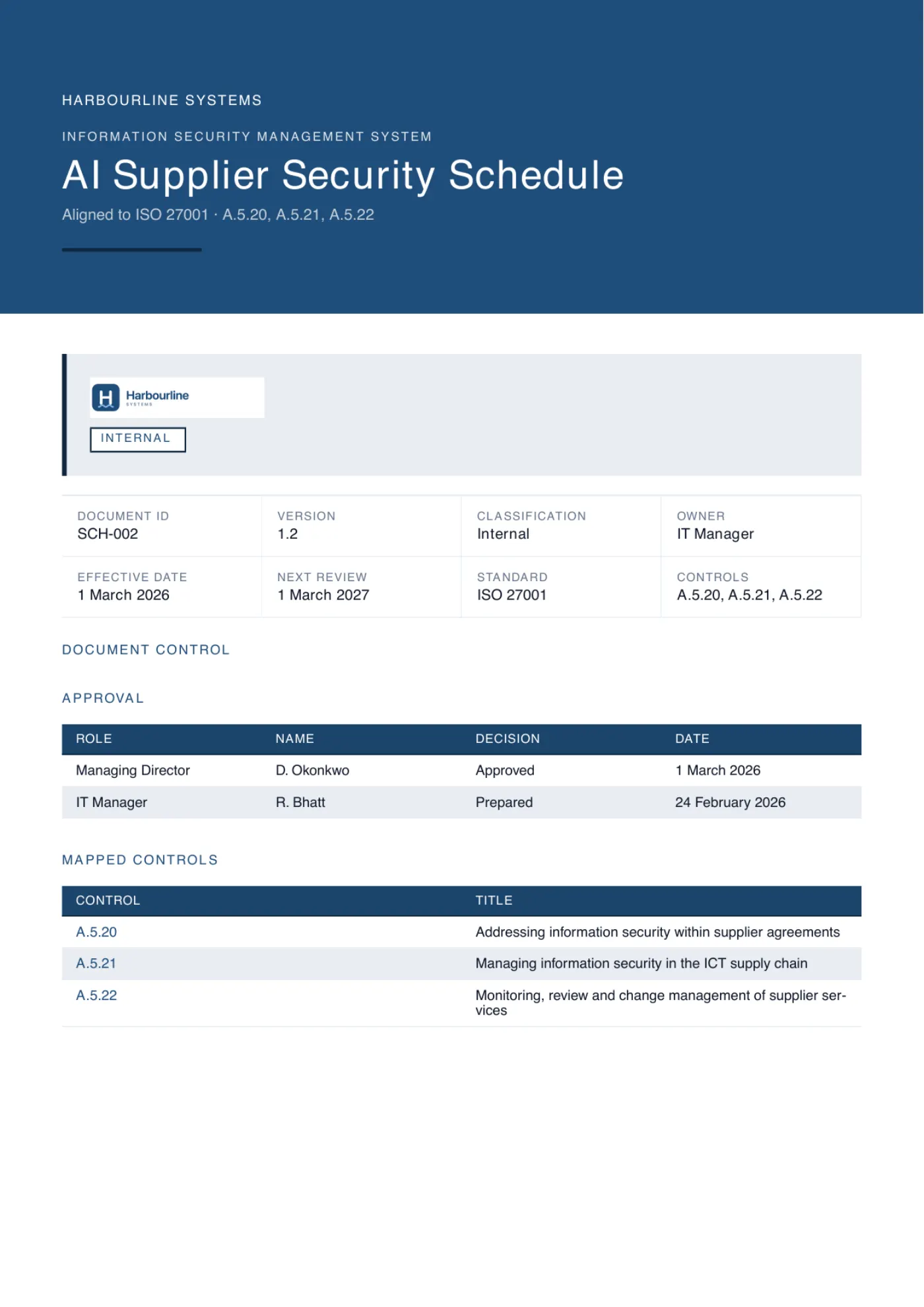 The cover page of a generated AI supplier security schedule, branded for an example company, showing its document control block, approval table and the ISO controls it maps to.