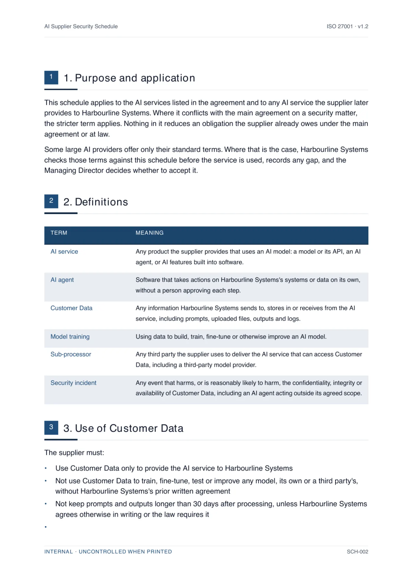 A body page of a generated AI supplier security schedule, showing numbered clauses written for a specific business with the placeholders resolved.