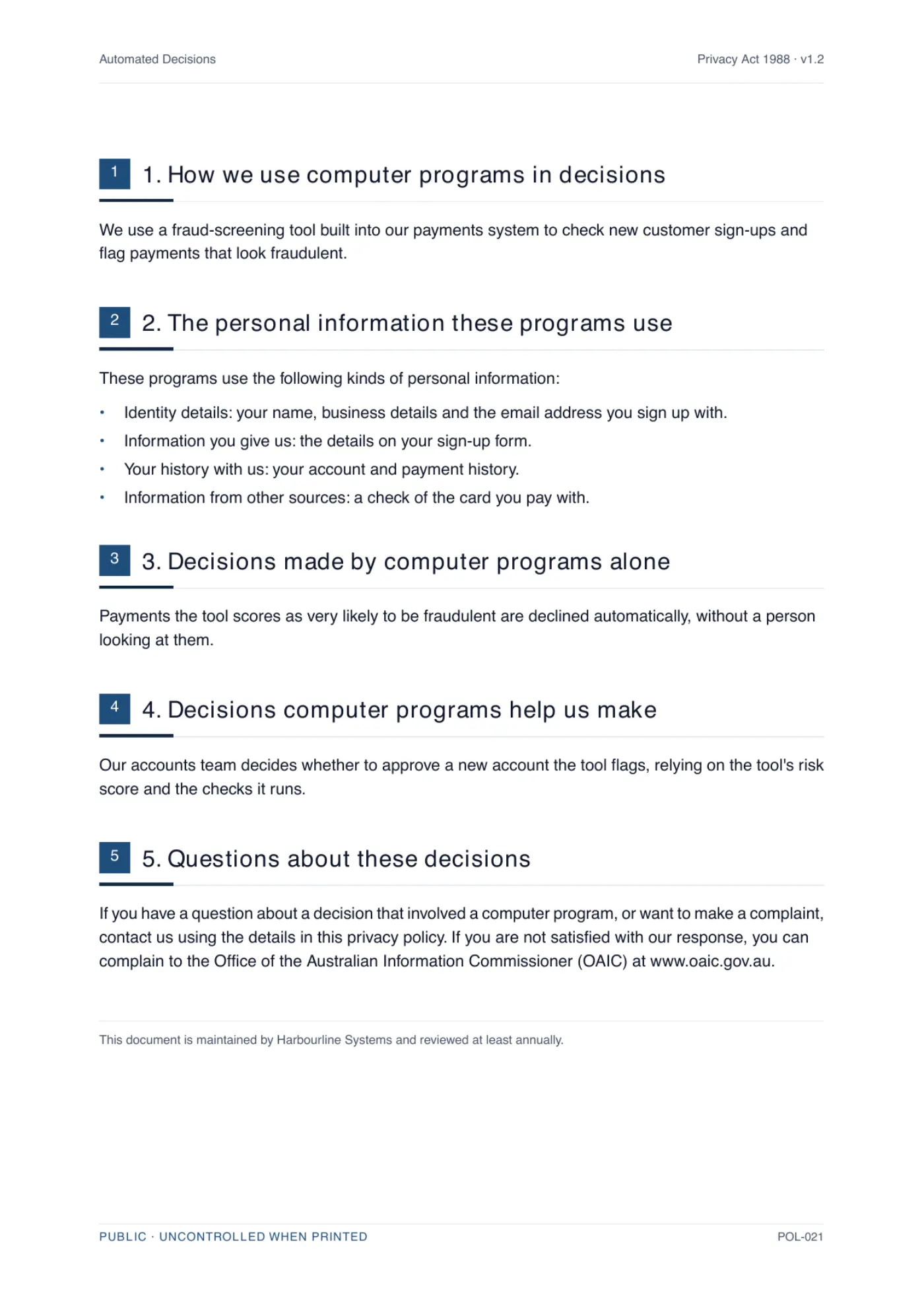 A body page of a generated automated decisions privacy policy section, showing numbered clauses written for a specific business with the placeholders resolved.