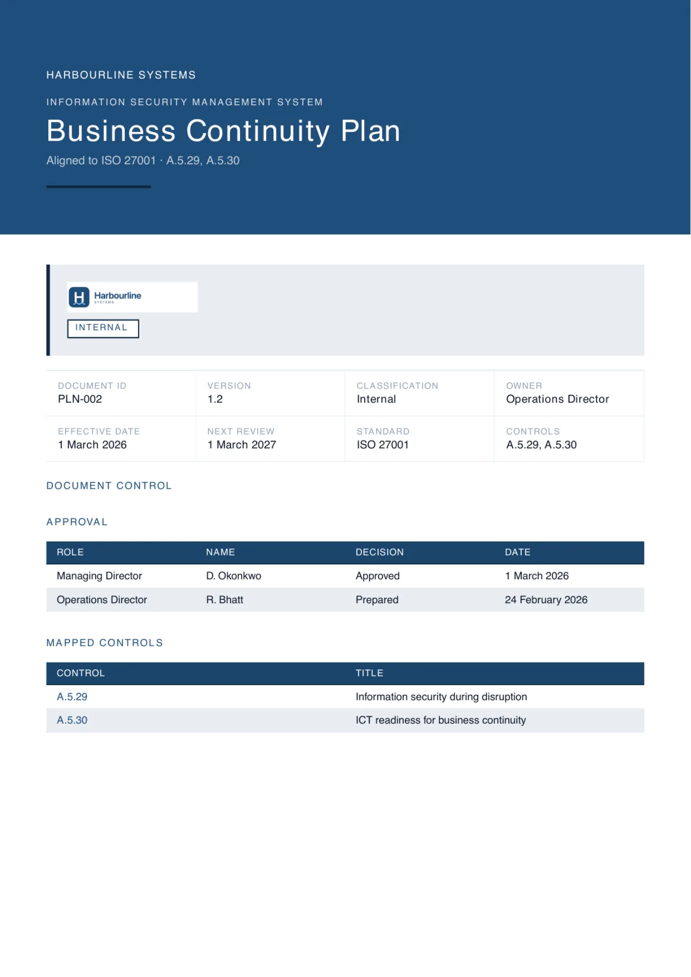 The cover page of a generated business continuity plan, branded for an example company, showing its document control block, approval table and the ISO controls it maps to.