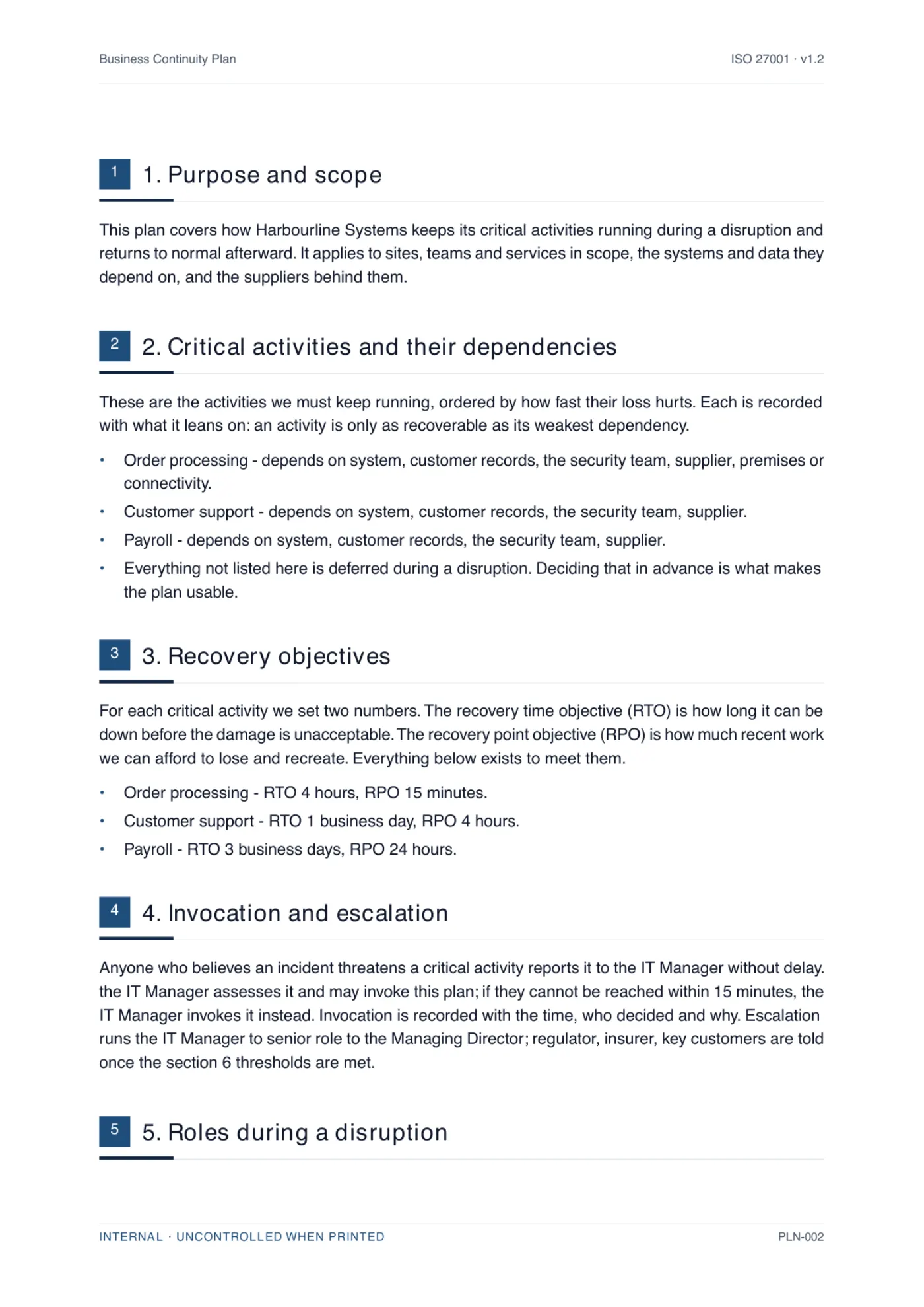 A body page of a generated business continuity plan, showing numbered clauses written for a specific business with the placeholders resolved.