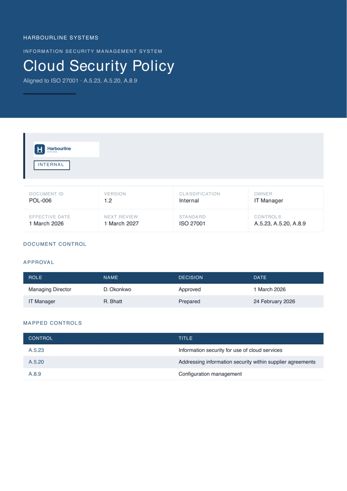 The cover page of a generated cloud security policy, branded for an example company, showing its document control block, approval table and the ISO controls it maps to.