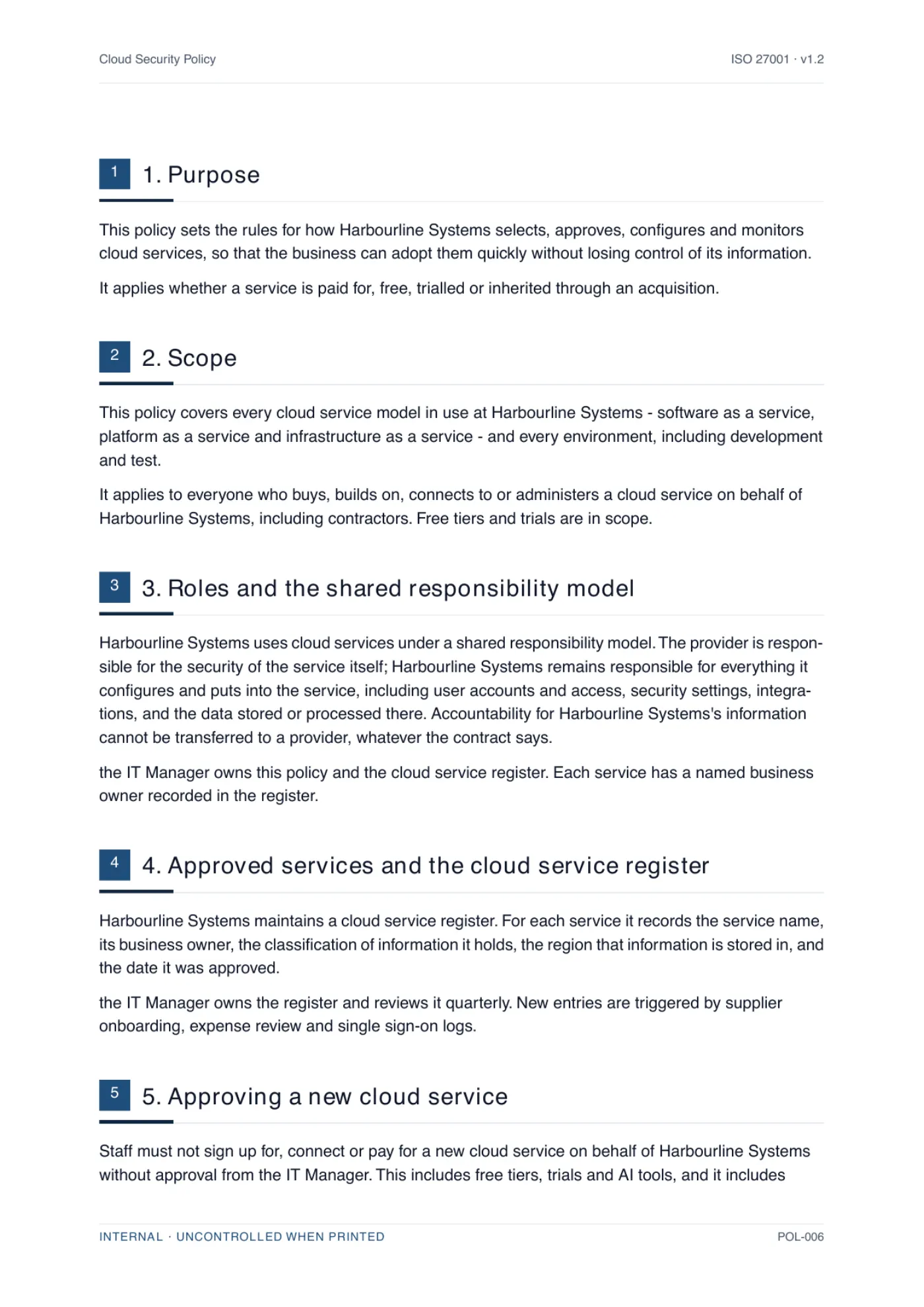 A body page of a generated cloud security policy, showing numbered clauses written for a specific business with the placeholders resolved.