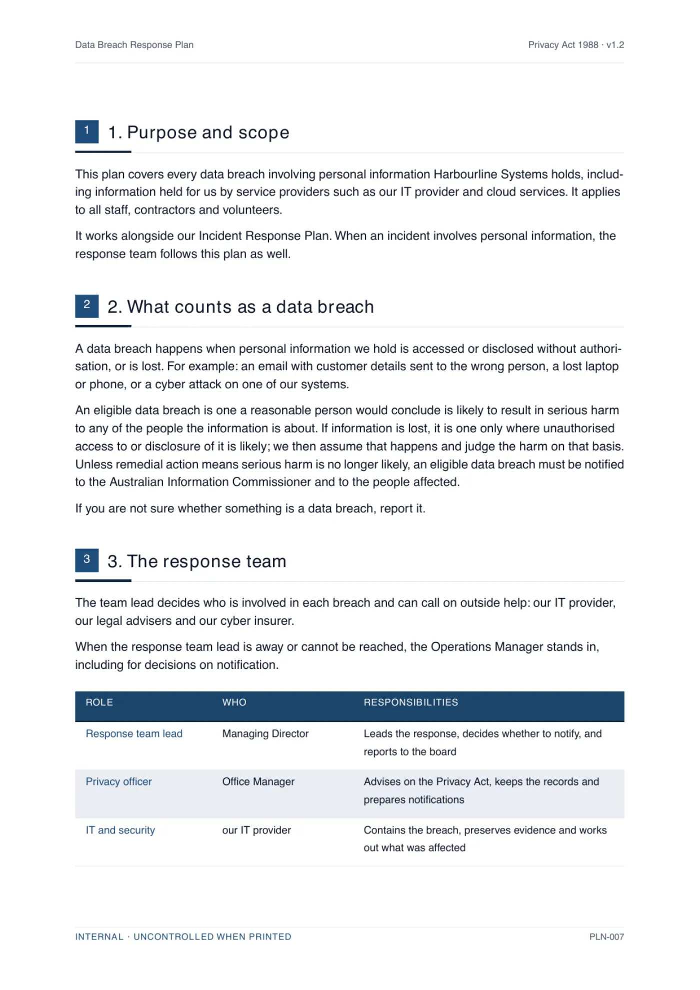 A body page of a generated data breach response plan, showing numbered clauses written for a specific business with the placeholders resolved.