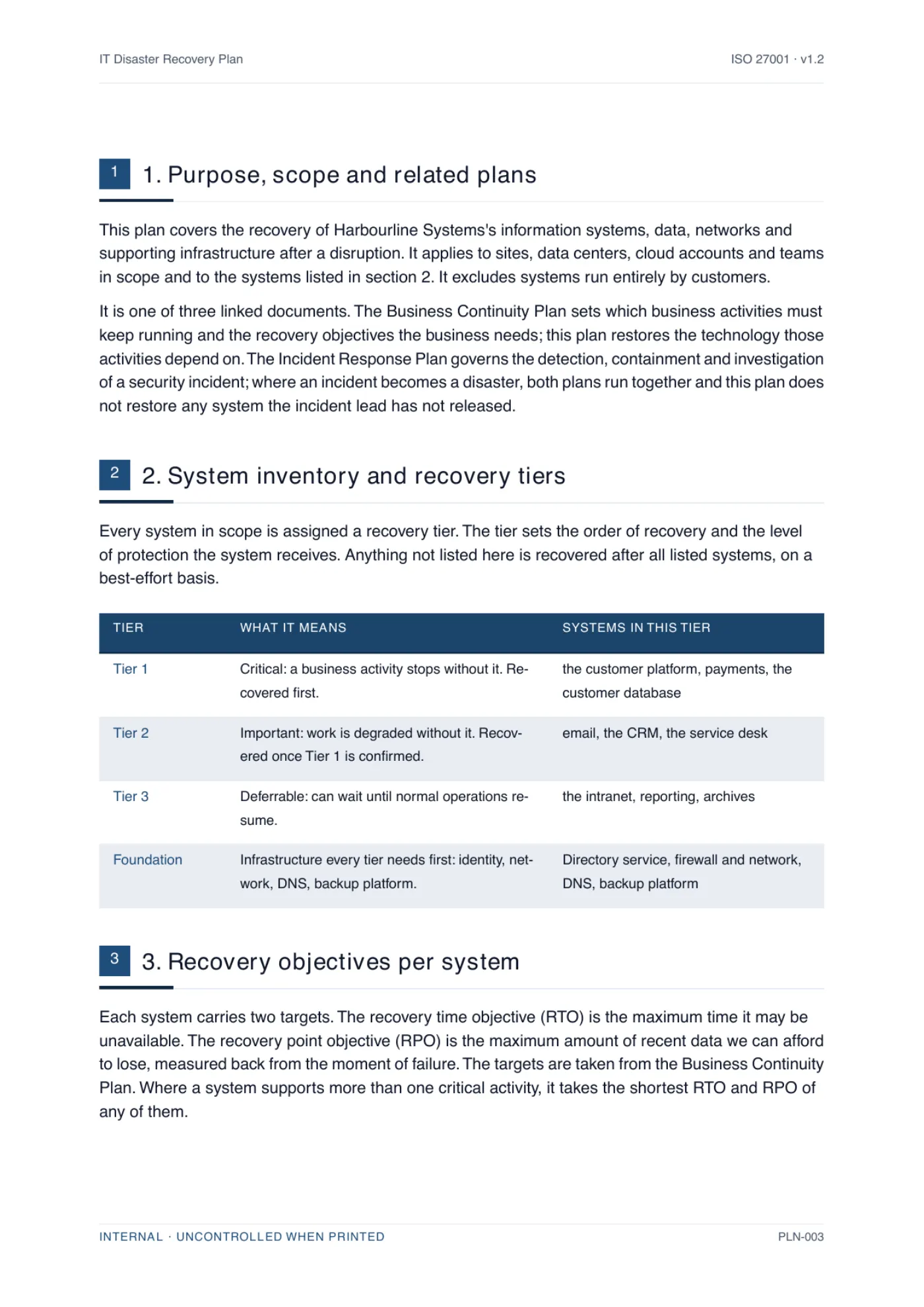 A body page of a generated disaster recovery plan, showing numbered clauses written for a specific business with the placeholders resolved.