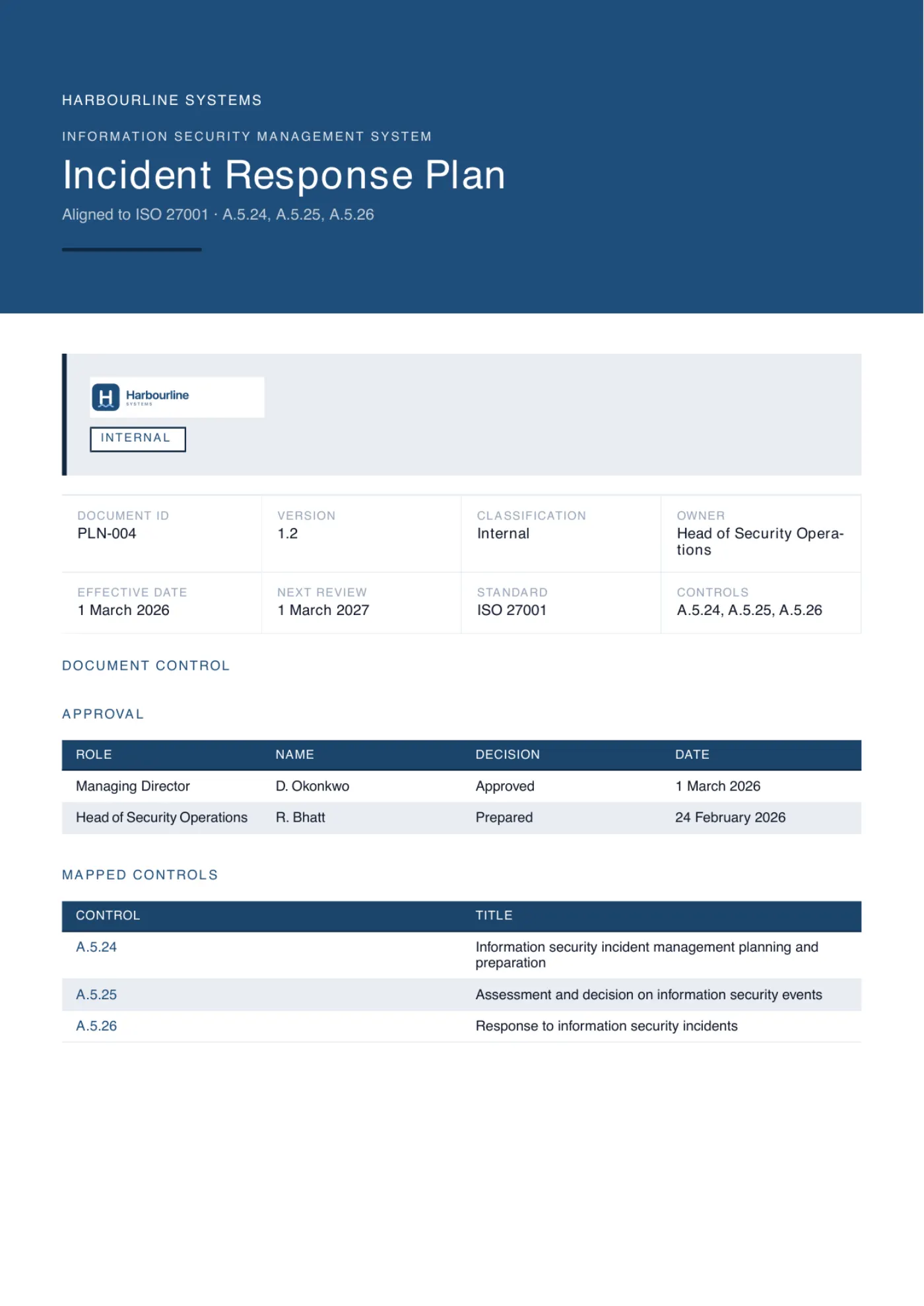 The cover page of a generated incident response plan, branded for an example company, showing its document control block, approval table and the ISO controls it maps to.