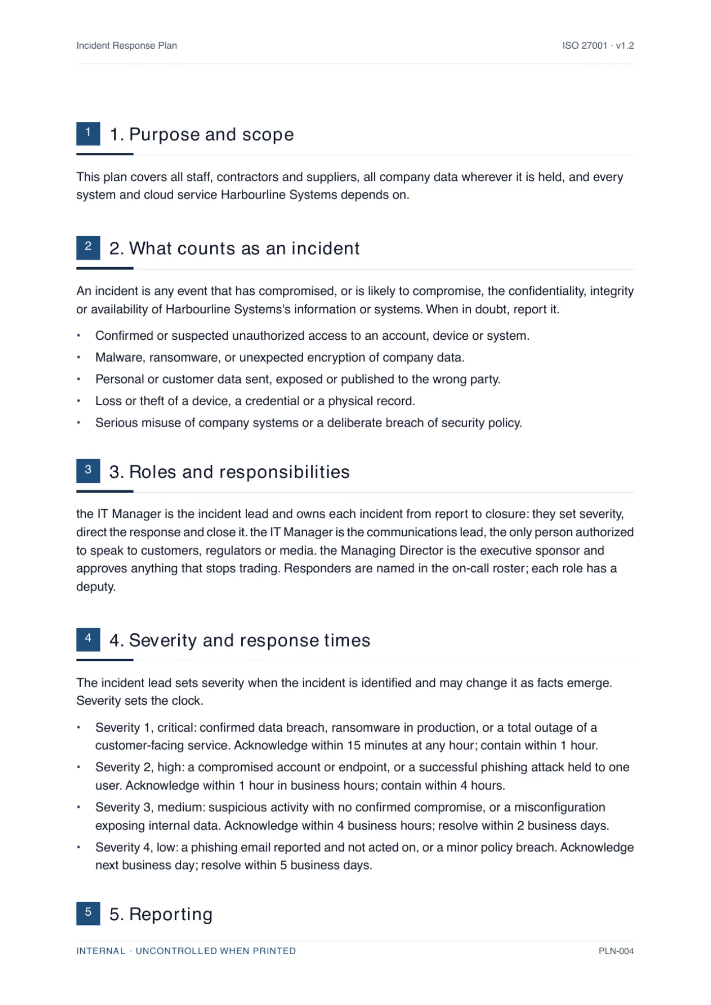 A body page of a generated incident response plan, showing numbered clauses written for a specific business with the placeholders resolved.