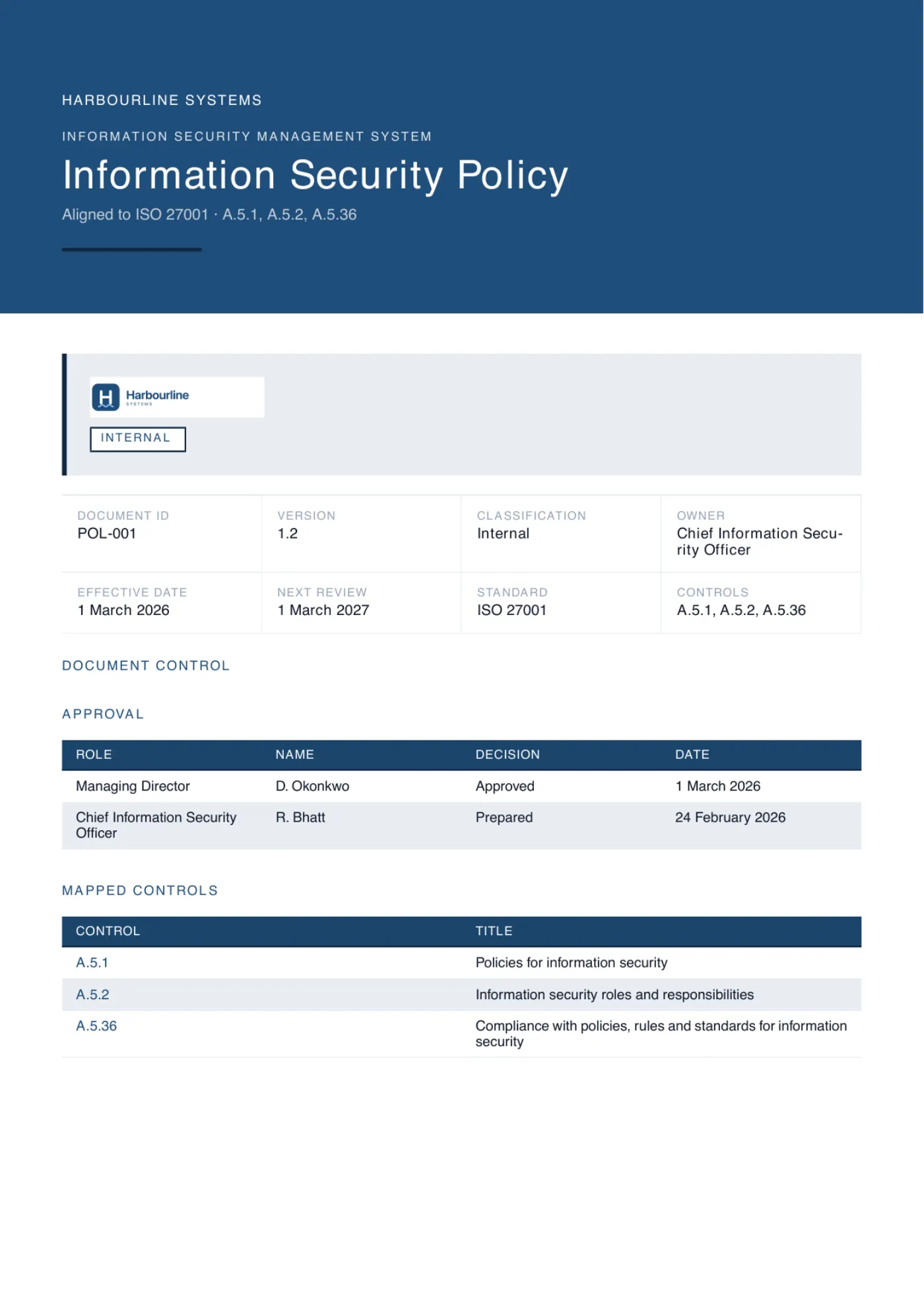 The cover page of a generated information security policy, branded for an example company, showing its document control block, approval table and the ISO controls it maps to.