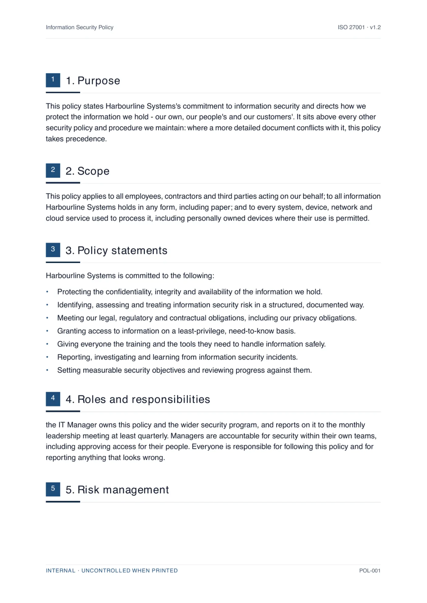 A body page of a generated information security policy, showing numbered clauses written for a specific business with the placeholders resolved.