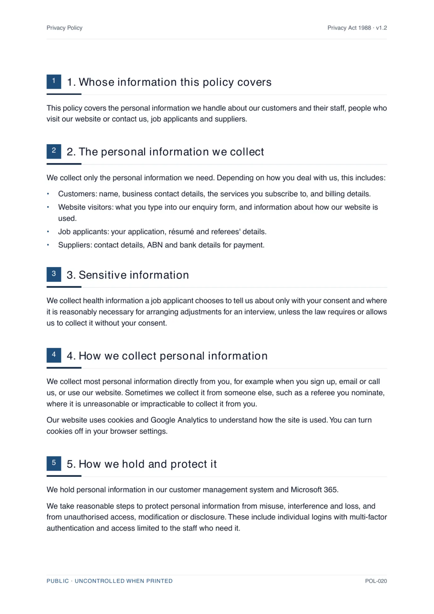 A body page of a generated privacy policy, showing numbered clauses written for a specific business with the placeholders resolved.