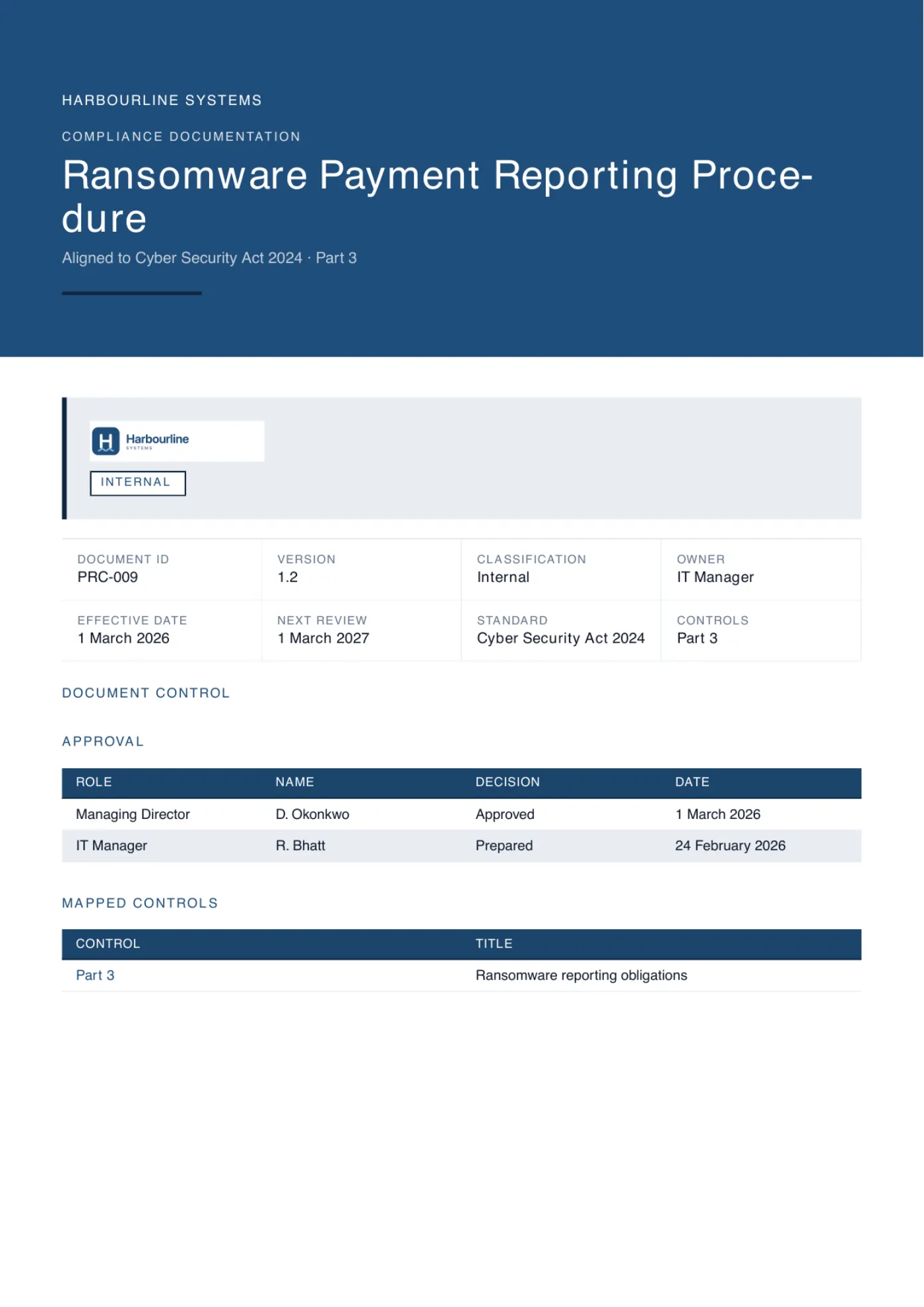 The cover page of a generated ransomware payment reporting procedure, branded for an example company, showing its document control block, approval table and the Cyber Security Act provisions it maps to.