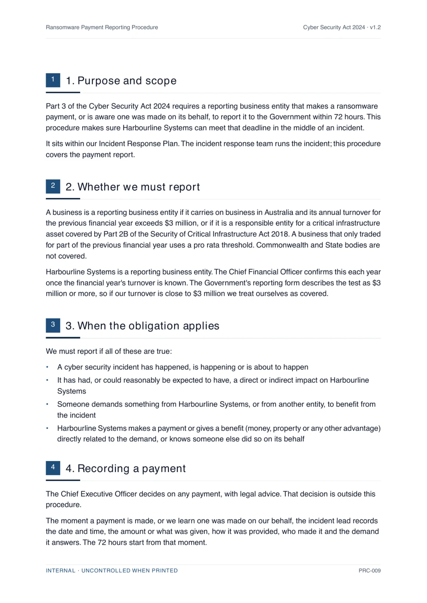 A body page of a generated ransomware payment reporting procedure, showing numbered clauses written for a specific business with the placeholders resolved.