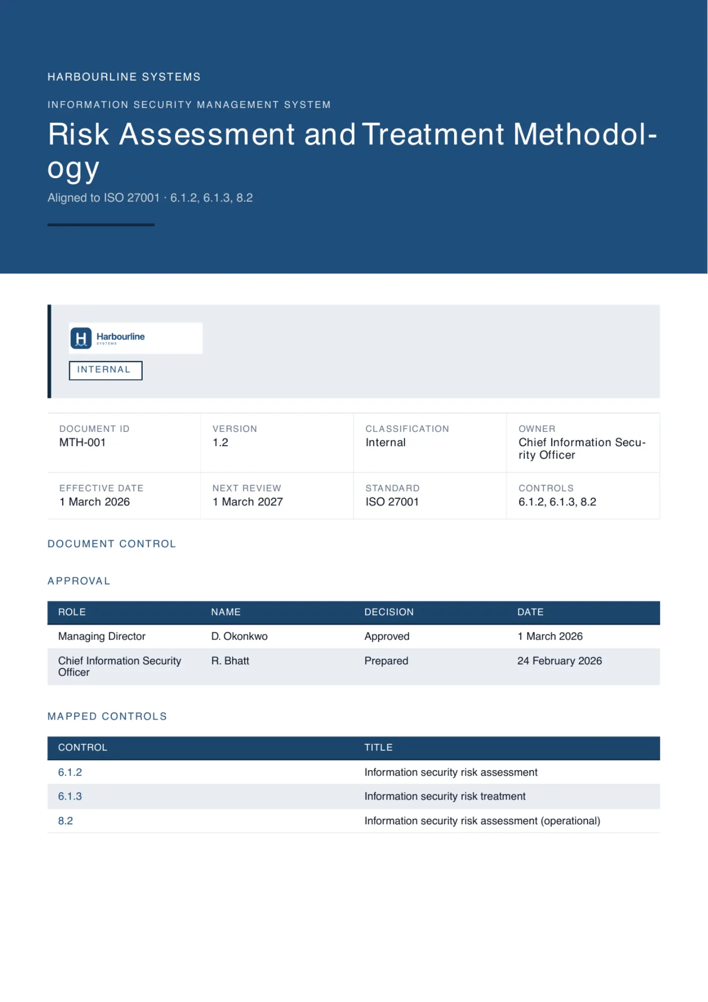 The cover page of a generated risk assessment methodology, branded for an example company, showing its document control block, approval table and the ISO controls it maps to.