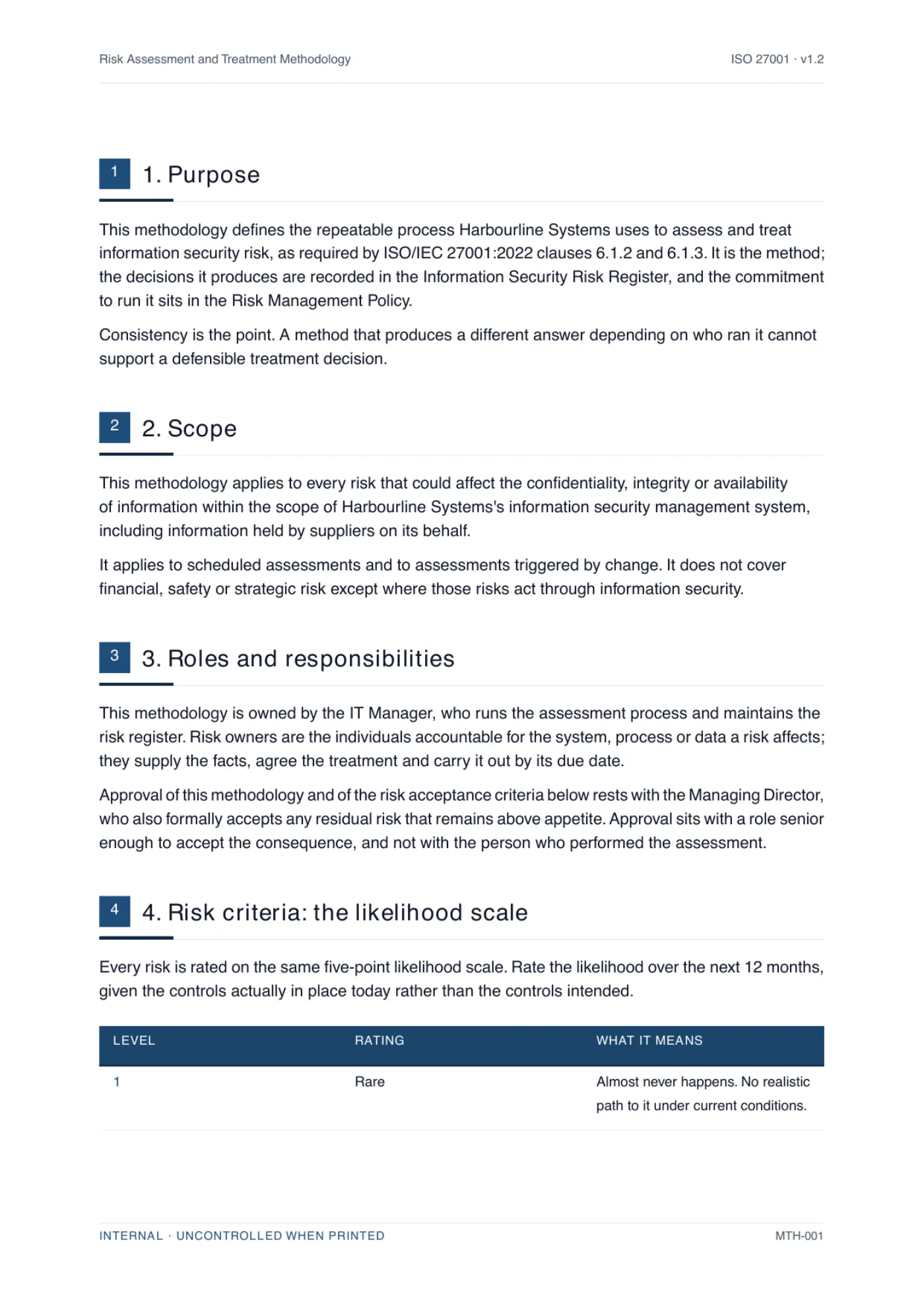 A body page of a generated risk assessment methodology, showing numbered clauses written for a specific business with the placeholders resolved.