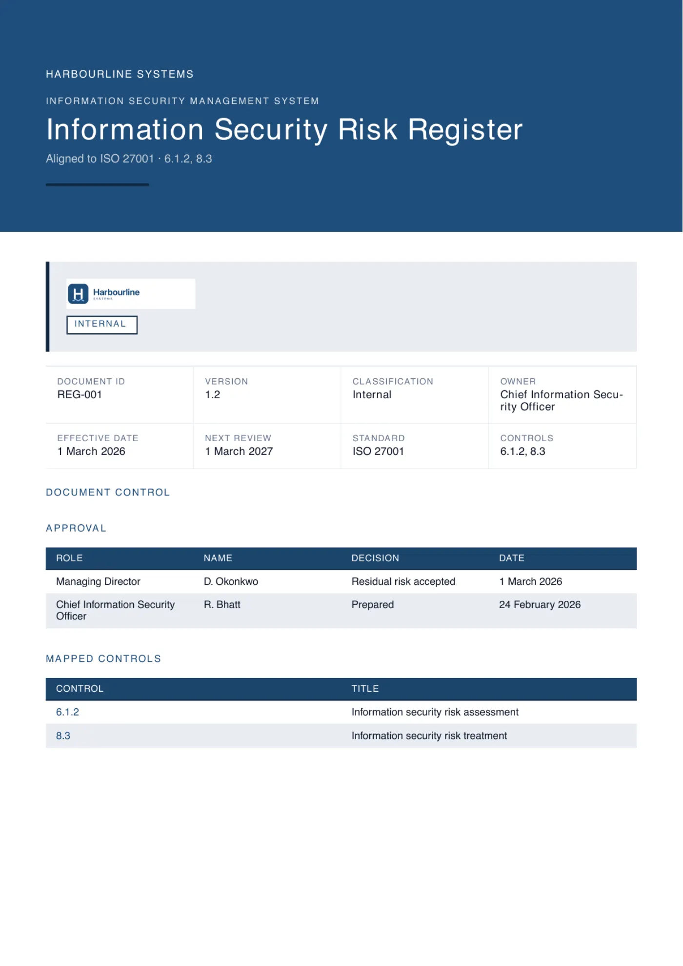 Cover page of a generated Information Security Risk Register, branded for an example company