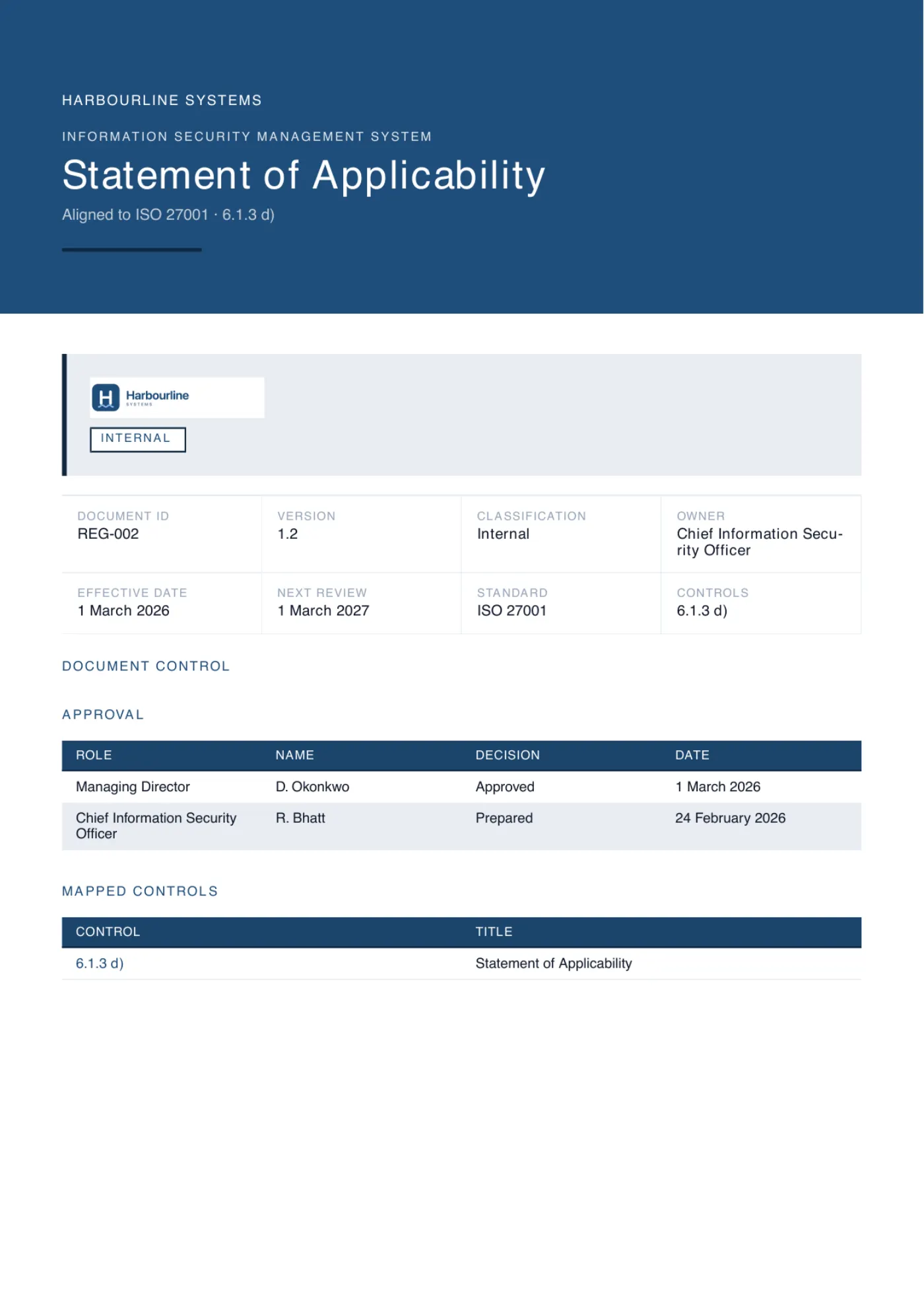 The cover page of a generated Statement of Applicability, branded for an example company, showing its document control block, approval table and the ISO controls it maps to.
